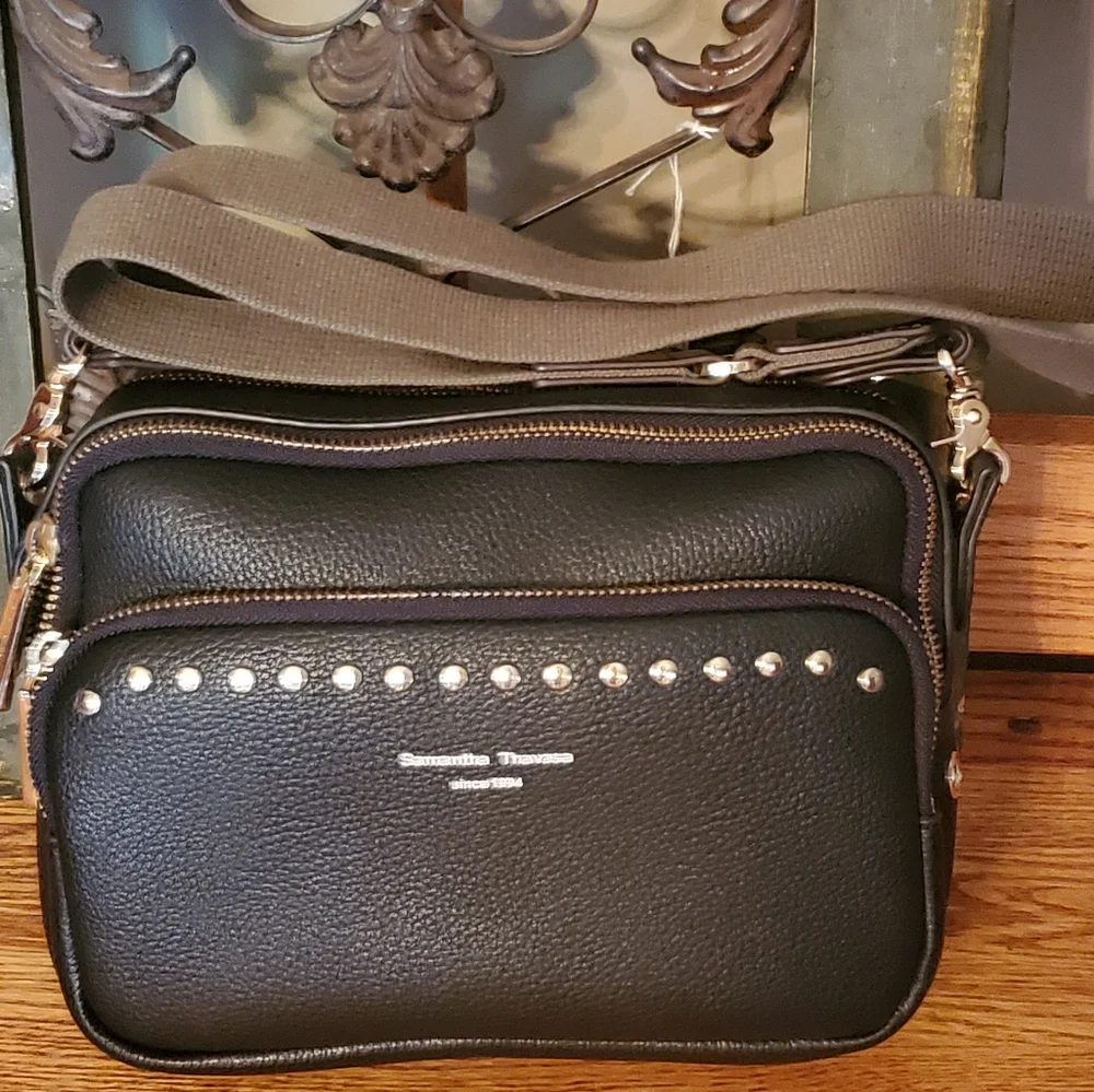 Samantha Thavasa Black Leather Studded Crossbody Bag